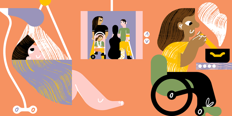 Illustratie van persoon in een tillift die een douche neemt. Een man met kind in een kinderwagen en een man met been in gipsverband met cello staan samen in een lift. Een vrouw in rolstoel is aan het koken. Illustratie van persoon in een tillift die een douche neemt. Een man met kind in een kinderwagen en een man met been in gipsverband met cello staan samen in een lift. Een vrouw in rolstoel is aan het koken.